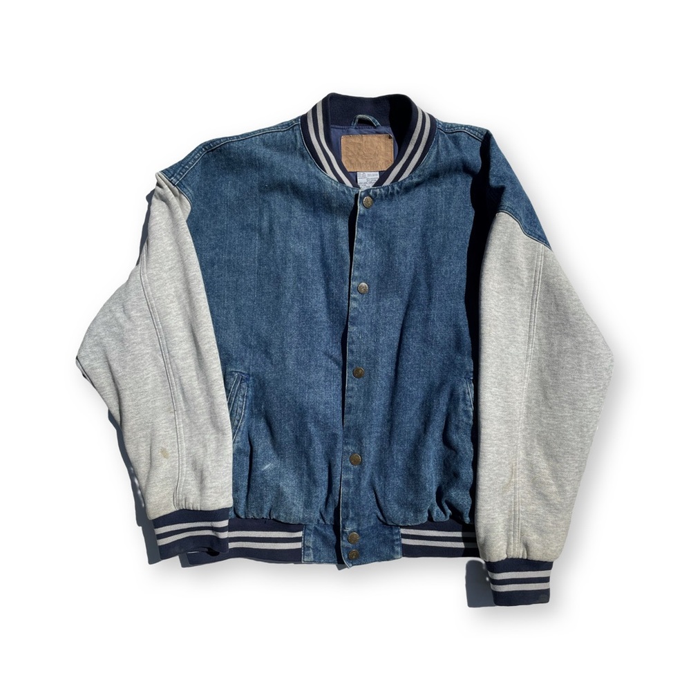 Vintage Denim Men’s Jean Jacket size XL With grey sweatshirt sleeves